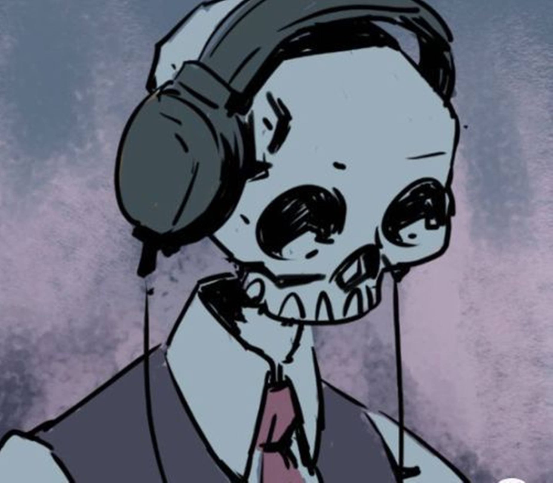 Illustrated skull character wearing headphones and a tie