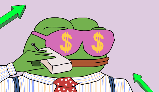 Illustrated green business frog with money-sign glasses and a phone